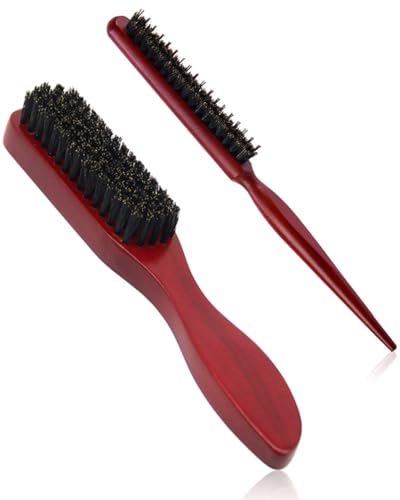 FUGLUS 2 PCS Cepillo para Cabello de Jabalí,Cepillo Pelo con Mango de Madera,Cepillos de Cerdas Naturales Suaves,Peine de Salón para Moño,para Cabello Largo Grueso Rizado Seco Dañado,Estilo Barba