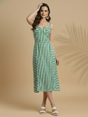 Image of Aahwan Fit and Flare Red Gingham Check Shoulder Ties Slim Fit Midi Cami Dress for Women's & Girl's