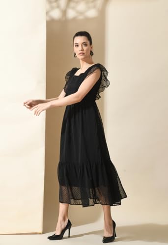 Image of IUGA Georgette Jacquard Butti Square Neck Knee Length Western Dresses for Women (69 Dress Black L)