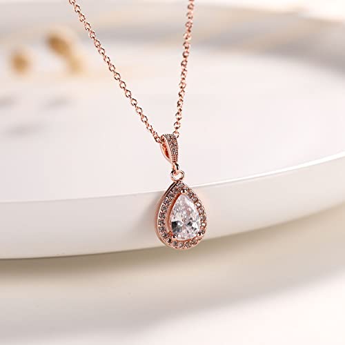 Bridal Party Jewelry Necklace & Earrings Set Rose Gold Plated Drop Crystal Set Gift For Bridesmaid #TOP2