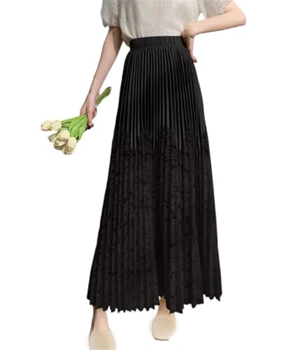 Women A-Line Elastic High Waist Lace Patchwork Pleated Skirt Summer Thin Loose High Waist Skirt
