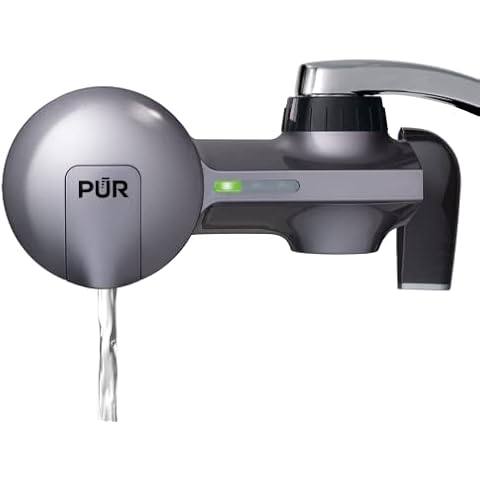 PUR PLUS Horizontal Faucet Mount Water Filtration System with 3-in-1 Lead Reducing Filter for Great-Tasting Filtered Tap Water, Lasts 100 Gallons, Fits Most Kitchen or Bathroom Faucets, Metallic Grey Cover