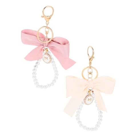 Holibanna Rhinestone Pearl Keychain 2pcs Bow Charm Key Chain Car Hanging Ornament Bling Purse Keyring Pendant for Backpack Handbag Cover