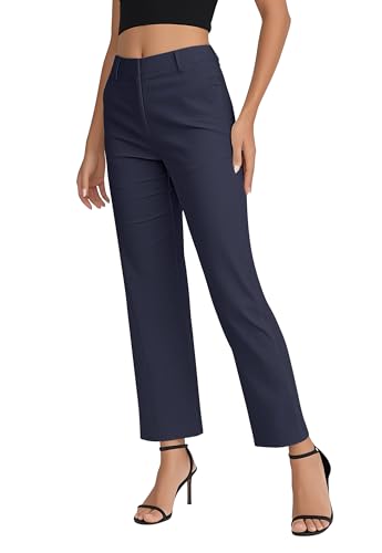 EXCHIC Damen Komfortabel Dehnbar Gerade Bein Freizeit Hosen Hohe Taille Arbeitshose mit Taschen(M, Marineblau)