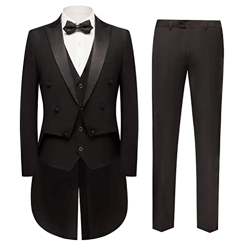 MOGU Men's 3 Piece Suit Swallow Tailed Coat Slim Fit Double Breasted Tailcoat for Performances