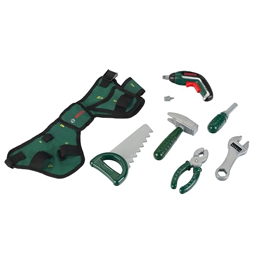 Theo Klein 8313 Bosch Werkzeuggürtel I Mit Hammer, Zange, Säge und vielen mehr I Mit batteriebetriebenem Ixolino II I Maße: 76 cm x 24 cm 4,5 cm I Spielzeug für Kinder ab 3 Jahren