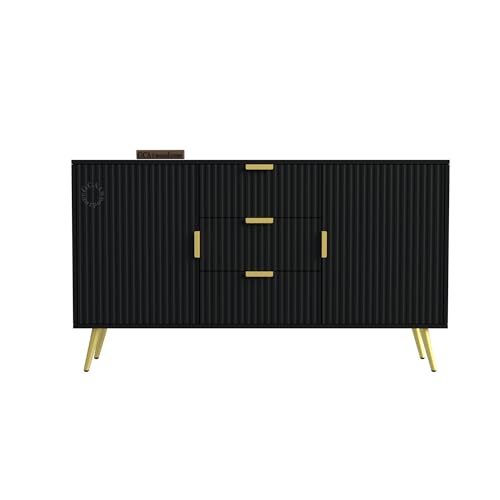 Image of Wooden Sideboard Cabinet for Living Room | Side Board with 3 Drawers & 2 Doors Cabinet Storage for Dining, Drawing and Home Office | HDMR Premium Wood & Iron | Black & Golden