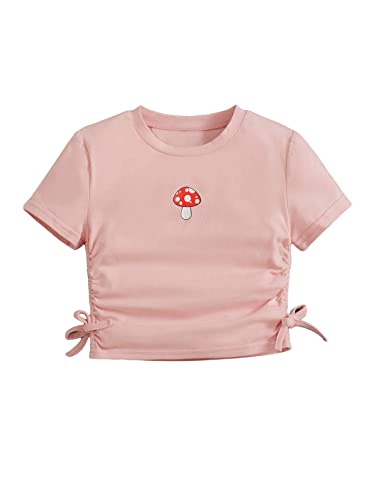 Image of SHENHE Girl's Mushroom Print Short Sleev Crop Tops Ruched Drawstring Tee T Shirts