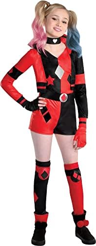 Party City Harley Quinn Halloween Costume for Girls, DC Comics, Medium, Includes Romper, Choker, Gloves and Leg Warmers