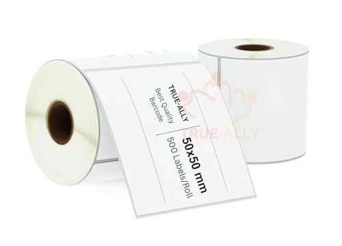 Image of True-Ally 2Pcs 50x50 Direct Thermal (DT) Square Barcode Label Sticker - 2 x 2 inch -50mm x 50mm - 500 Labels /Roll - White Self Adhesive for Printing Barcoding Labels (Pack of 2)
