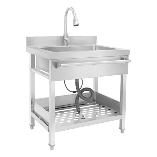 Fregadero individual de pie 78 x 56 x 100 cm con grifo extensible, patas ajustables en altura de 1-3 cm, fregadero comercial independiente para cocinas de restaurantes