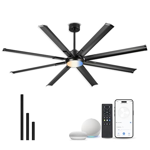 72 Inch Ceiling Fan With Light,Industrial Ceiling Fan With 8 Aluminium Metal Blades,Smart Fan Work with Alexa,Garage Indoor Fan For Living Room and Patio,CF04BK-72