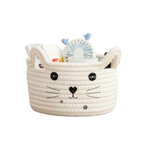 Kamuavni Cat Basket Storage Woven Basket Organizer with Ears Decorative Cute Pet Toy Basket Cotton Rope Basket for Gifts Cartoon Baby Nursery Basket 8.3 x 4.7 inches,White