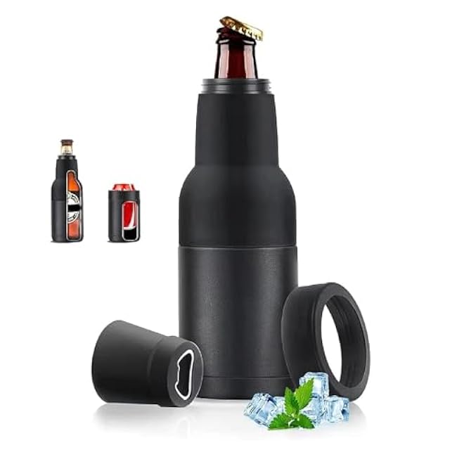 Beer Bottle and Can Cooler with Beer Opener, 12oz Stainless Steel Double Walled Beer Bottle Holder with Silicone Non Slip Bottom for Beer, Soda (Black)
