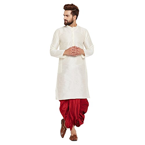 Image of SOJANYA (Since 1958 Men's Off-White and Gold Dupion Silk Dhoti Kurta Set
