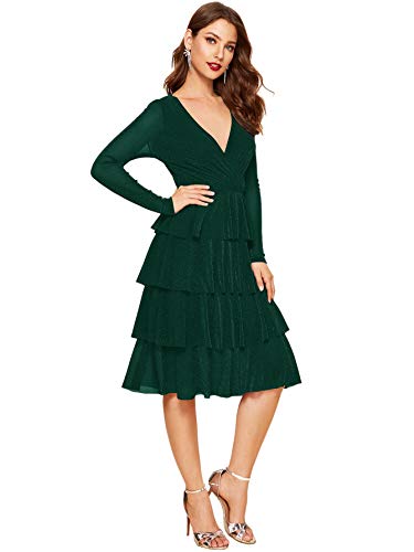 Romwe Women’s Glitter Deep V Neck Long Sleeve Ruffle Hem Midi Dress Green