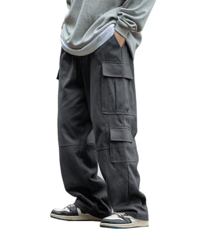 THWEI Mens Cargo Pants Drawstring Elastic Waist Casual Baggy Pant Grey S