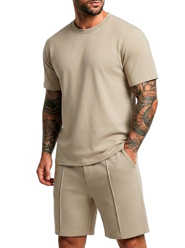 QIXING 2-Teiler Herren Sommer Outfit Kurz Trainingsanzug Hemd & Shorts Set Freizeitanzug mit Taschen Kurzarm(Khaki L)