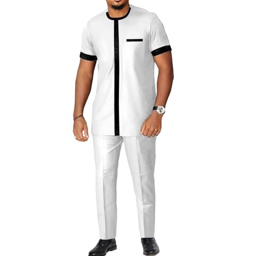 African Suits for Men Dashiki Tradition Attire Splice Velvet Clothing 2 Piece Sets Shirt Pants Outfits