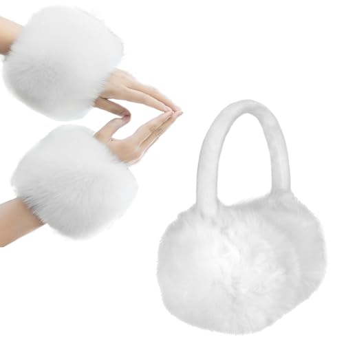 Chiclinco Women's Faux Fur Wrist Cuffs and Ear Muffs Set, Fluffy Earmuffs & Wristbands Arm Warmer Winter Accessories (White)