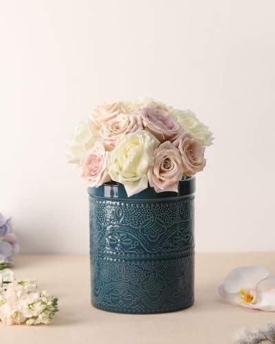 Image of FUN ELEMENTS Kitchen Utensil Holder, 7.2 inch Super Large Utensil Crock Heavy and Stable Lace Emboss Ceramic Utensil Holder for Kitchen Counter (Grayish Blue)