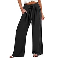 Wifgmjy Linen Trousers High Waist Wide Leg Pants with Pockets Loose Drawstring Trousers Women Tie Knot Lightweight Casual Summer Pants Office Business Workwear Plus Size