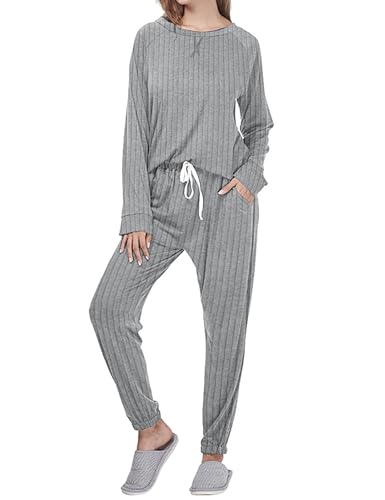 Image of Cysincos Womens Ribbed Knit Pajamas Long Sleeve Pullover Tops with Drawstring Pjs Pants 2 Piece Sleepwear Lounge Sets