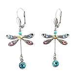 XIGAWAY Pendientes largos de libélula – Pendientes de gota geométricos de plata antigua con circonita colorida, 5 x 3 cm, aretes colgantes ligeros para mujer, listos para regalo