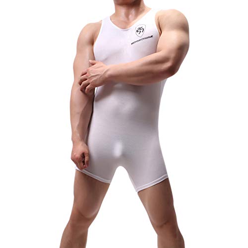 Mens Athletic Supporters Modal Wrestling Boxers Jumpsuit Sport Bodysuit Active Leotard Underwear (XL, White)