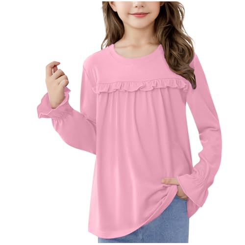 Girls Long Sleeve Shirts Cute Crew Neck Babydoll Flowy Blouses Solid Color Lightweight Fall Winter Tshirts School2