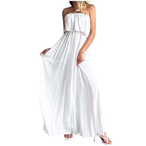 white pleated classic strapless sleeveless a line maxi dress White Pleated Satin Strapless Sleeveless A-Line Maxi Dress