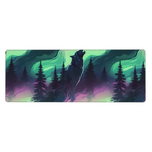 Grand tapis de souris de jeu en caoutchouc imprimé aurores boréales et loups