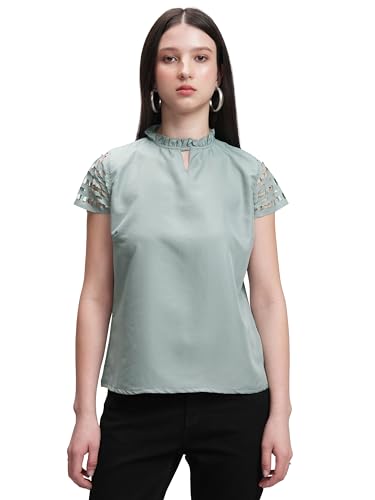 Image of Tokyo Talkies Women's Self-Design A-Line Top | Lace Short Sleeves | High Neck with Keyhole | Elegant & Feminine | Perfect for Casual Wear | Tops for Woman | Women Tops | Stylish Top