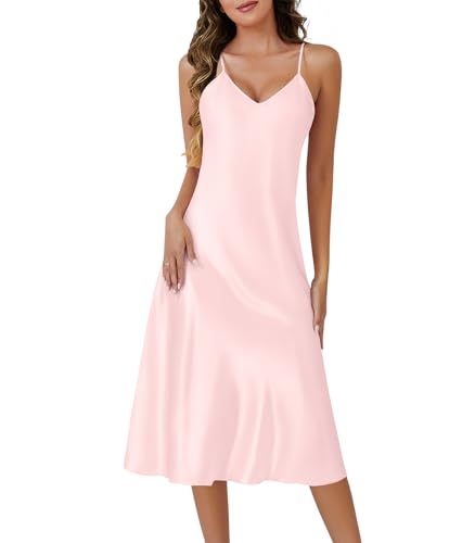 ETOSELL Silk Nightgown for Women Long Satin Sleep Slip Dress Silky Night Dress V Neck Chemise Nightie Soft Nightwear Pink