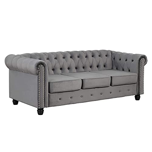 Morden Fort Modern Contemporary Sofa Couch with Deep Button Tufting Dutch Velvet, Solid Wood Frame and Wood Legs- Light Grey Morden Fort Modern Contemporary Sofa Couch with Deep Button Tufting Dutch Velvet, Solid Wood Frame and Wood Legs- Light Grey