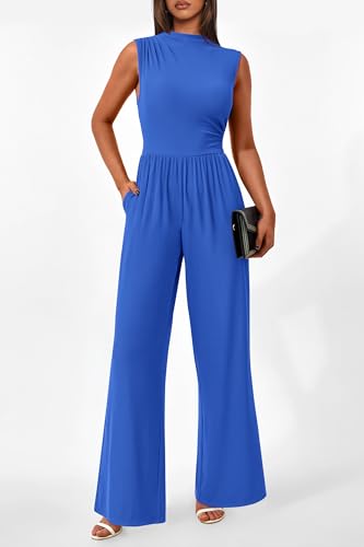 Image of PRETTYGARDEN Women's Summer Dressy Casual Jumpsuits | Cozy Ribbed Fabric, Sleeveless Mock Neck, Back Zipper, Pockets, Wide Leg Pants Rompers, Fashion Clothing, One Piece Outfits