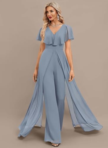 Elegant Black Bridesmaid Pant Suits - Chiffon V Neck Jumpsuit with Puffy Sleeves for Special Occasions - Image 6