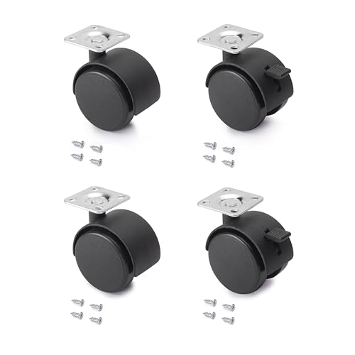 Emuca - Ruedas para muebles, kit de 4 ruedas giratorias gemelas negras con placa de montaje, Ø 50mm, Emuca