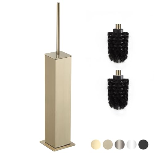 Image of BVL Toilet Brush and Holder Set Brushed Gold Stainless Steel 304 Square Freestanding Toilet Brush for Bathroom