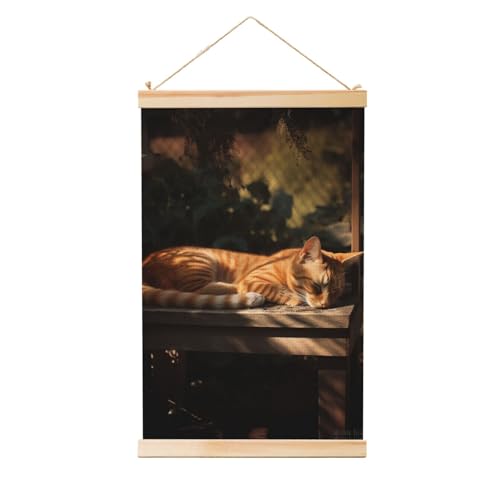 Poster chat orange suspendu cadre bois pour salon moderne 91x61