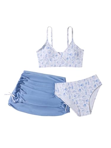 Image of COZYEASE Girls' 3 Piece Set Floral Print Bikini Swimsuit with Drawstring Beach Skirt Cute Ruched Bathing Suit