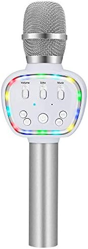 BONAOK Wireless Bluetooth Karaoke Microphone with Dynamic LED Light, 4 in 1 Portable Handheld Karaoke Mic Home Party Birthday Gift for iPhone/Android/iPad/PC/Sony (Silver)