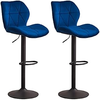 CLIPOP Velvet Bar Stools Set of 2 Blue Height Adjustable Breakfast Barstools with Swivel Gas Lift and Steel Footrest, High Back Dining Stools for Kitchen Island Counter Pub (Blue)