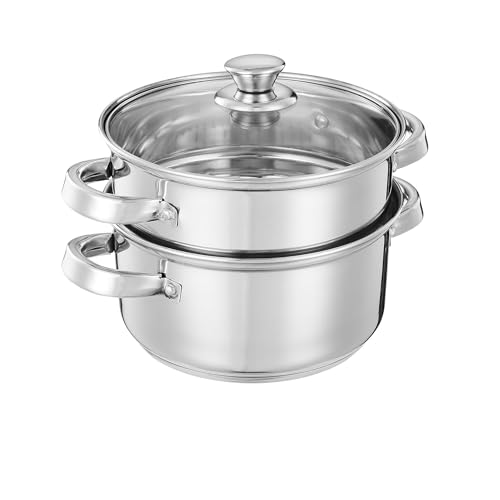 Image of Stainless Steel 2 Tier Steamer Set with Glass Lid | Pasta Steamer | Vegetable Steamer | Momo Steamer | Rice Steamer; 20 cm (Sandwich bottom)