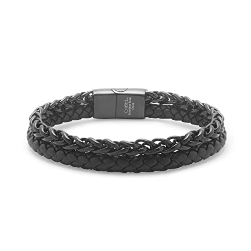 EVE'S ADDICTION Men's Chain & Black Leather Bracelet - Birthday Gift for Men - Bracelet for Men - Gifts for Dad4
