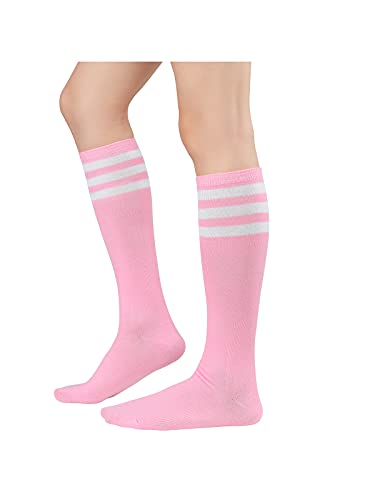 Century Star Knee High Socks For Womens Triple Stripe Tube Socks Athletic Thigh High Tights Sport Socks 1 Pack Pink White One Size cover