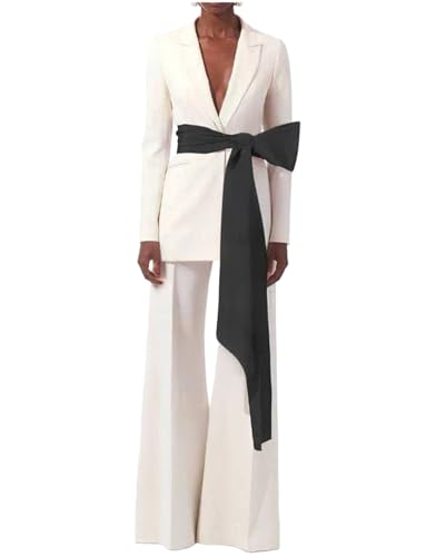 Women's Two Pieces Suit Casual Dinner Jacket Pants Peak Lapel Tuxedos with Belt