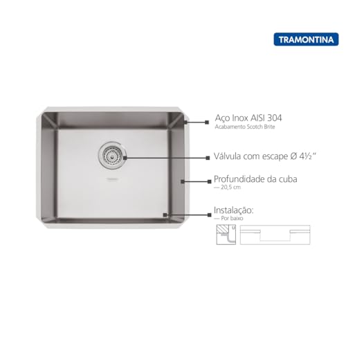 Cuba de Embutir Quadrum 50 Undermount Tramontina 50 x 40 x 20 cm em Aço Inox Scotch Brite OUTLET