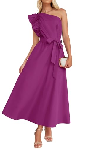 ZESICA Women's 2025 Summer One Shoulder Ruffle Dress 2024 Sleeveless Empire Waist Boho Flowy Maxi Dresses,Eggplant,Small