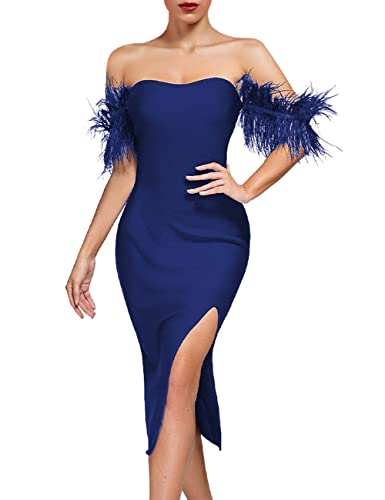 Whoinshop Women's Sexy Off Shoulder Feather Bodycon Side Split Party Club Bandage Midi Dress Blue L #TOP2
